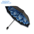 Black Rubber Umbrella Little Daisy Artdesign Digital Three Folding Umbrella Made in Xiamen Factory